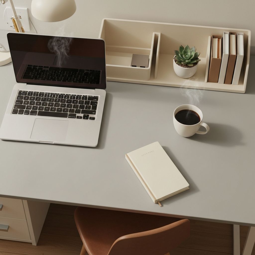Modern workspace with laptop and coffee